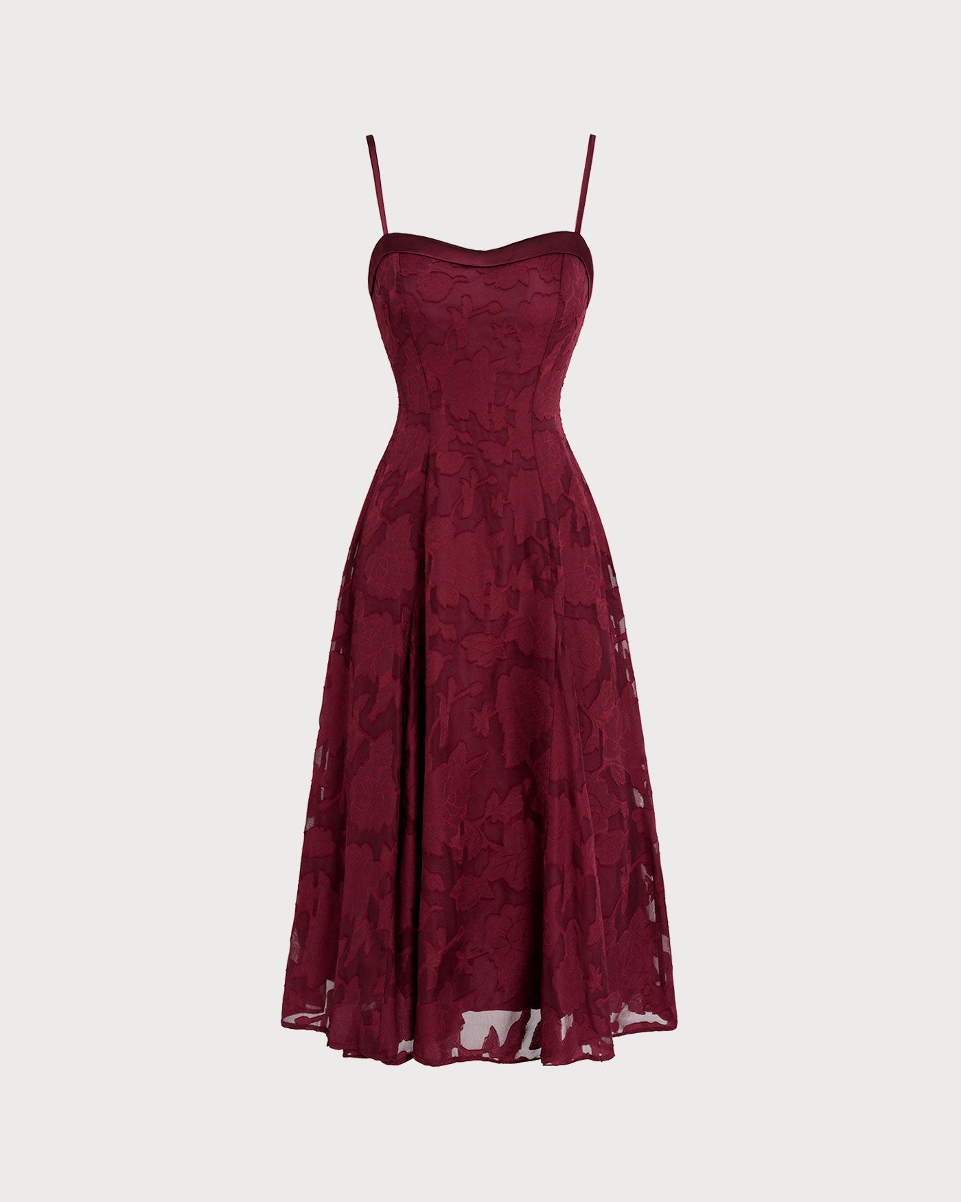 Vestido Midi Jacquard Sin Mangas de Cuello Corazón Color Rojo Vino