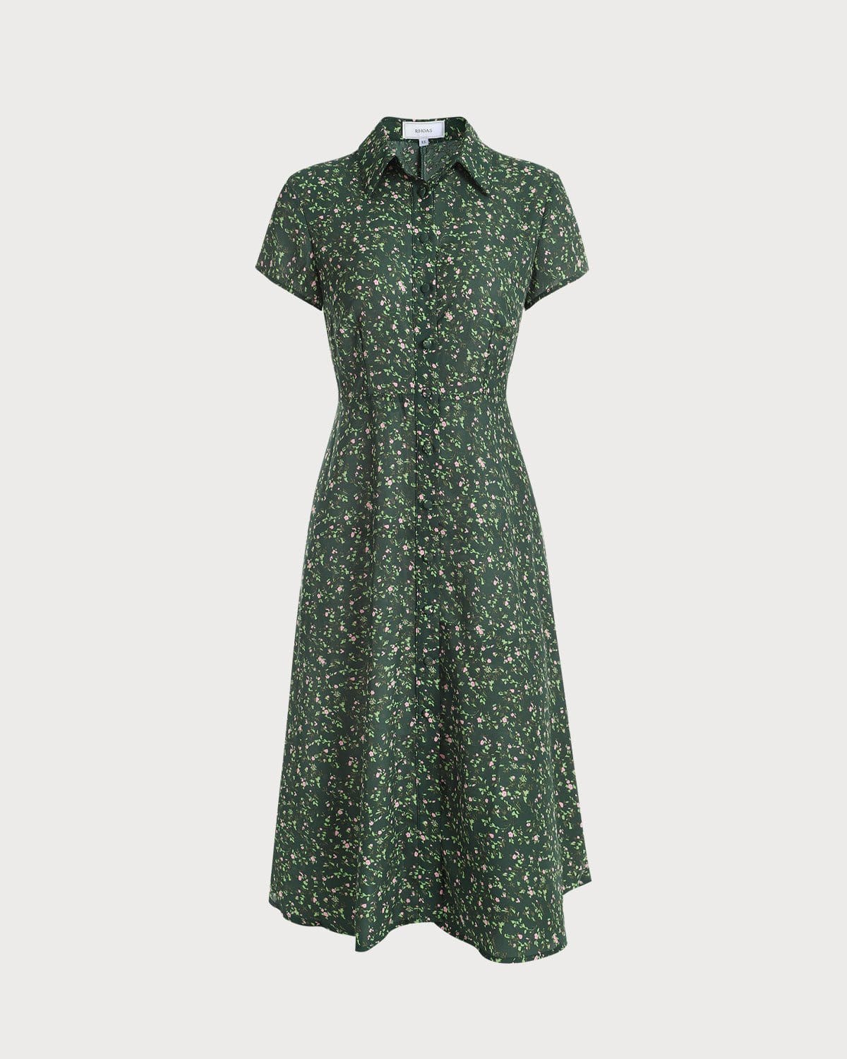 El Vestido Midi Floral con Botones en el Cuello Verde