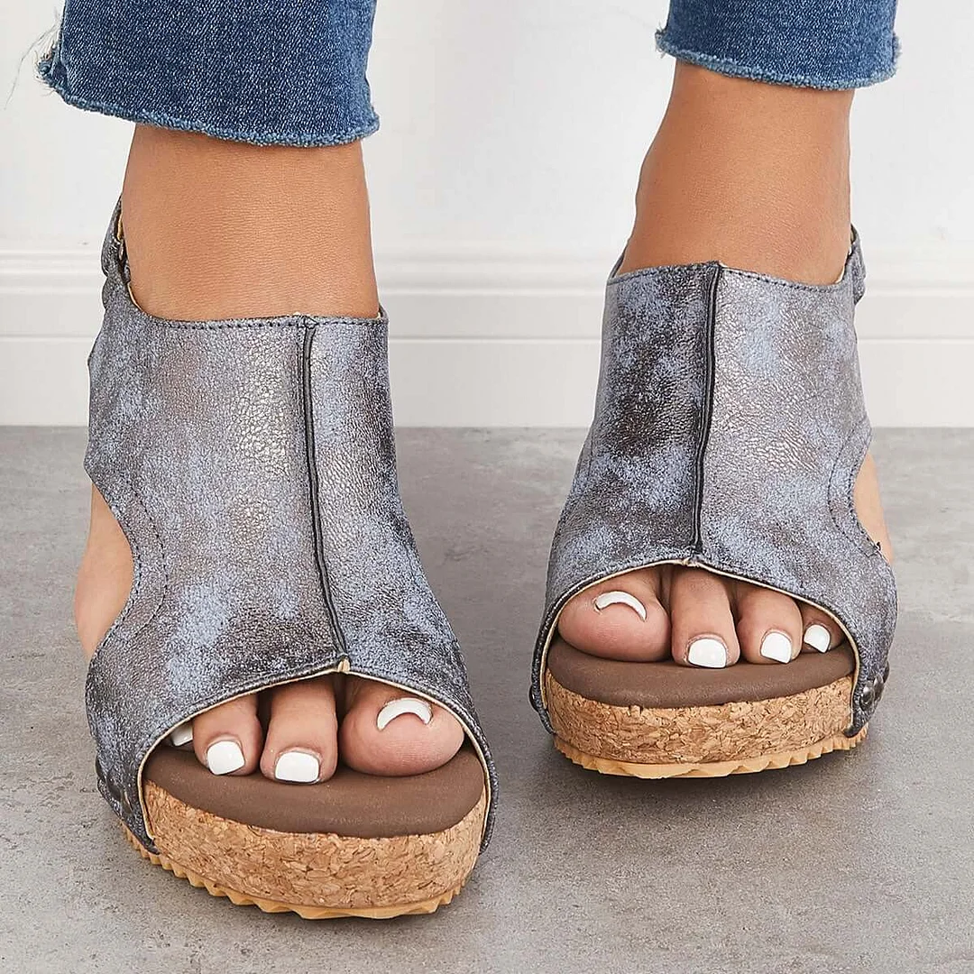 Gabriela - Wkładane sandały na koturnie i platformie z korka z paskiem z tyłu i klamrą na kostce