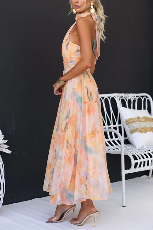 Lotte™ - Vestido largo con estampado de acuarela y cuello halter