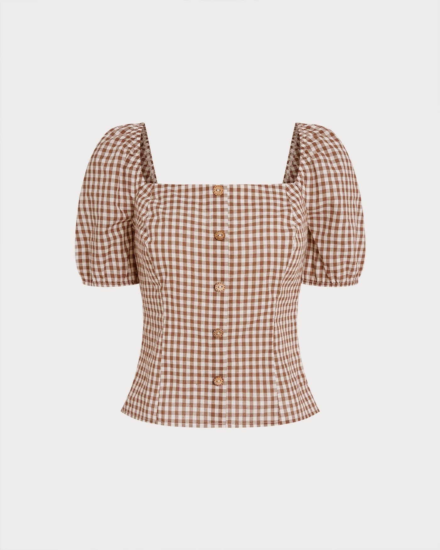Blusa de Cuello Cuadrado Marrón con Mangas Abullonadas y Cuadros