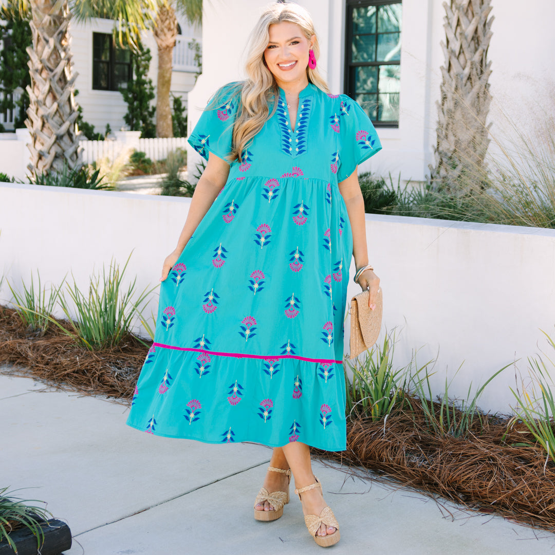 Vestido Graceful Blooms, Turquesa