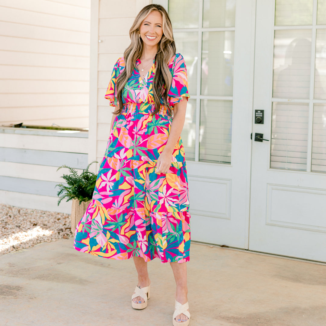 Vestido Maxi Tropicana Bliss, Fucsia-Rosa-Azul