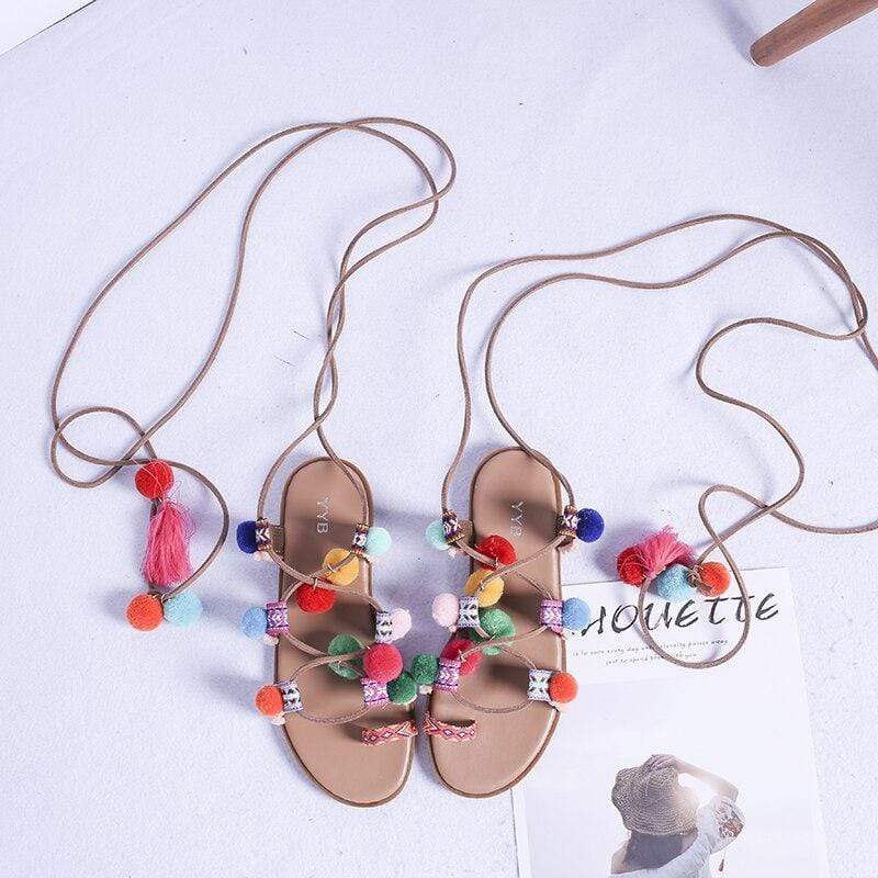 Eva | Sandały boho z kolorowymi pomponami