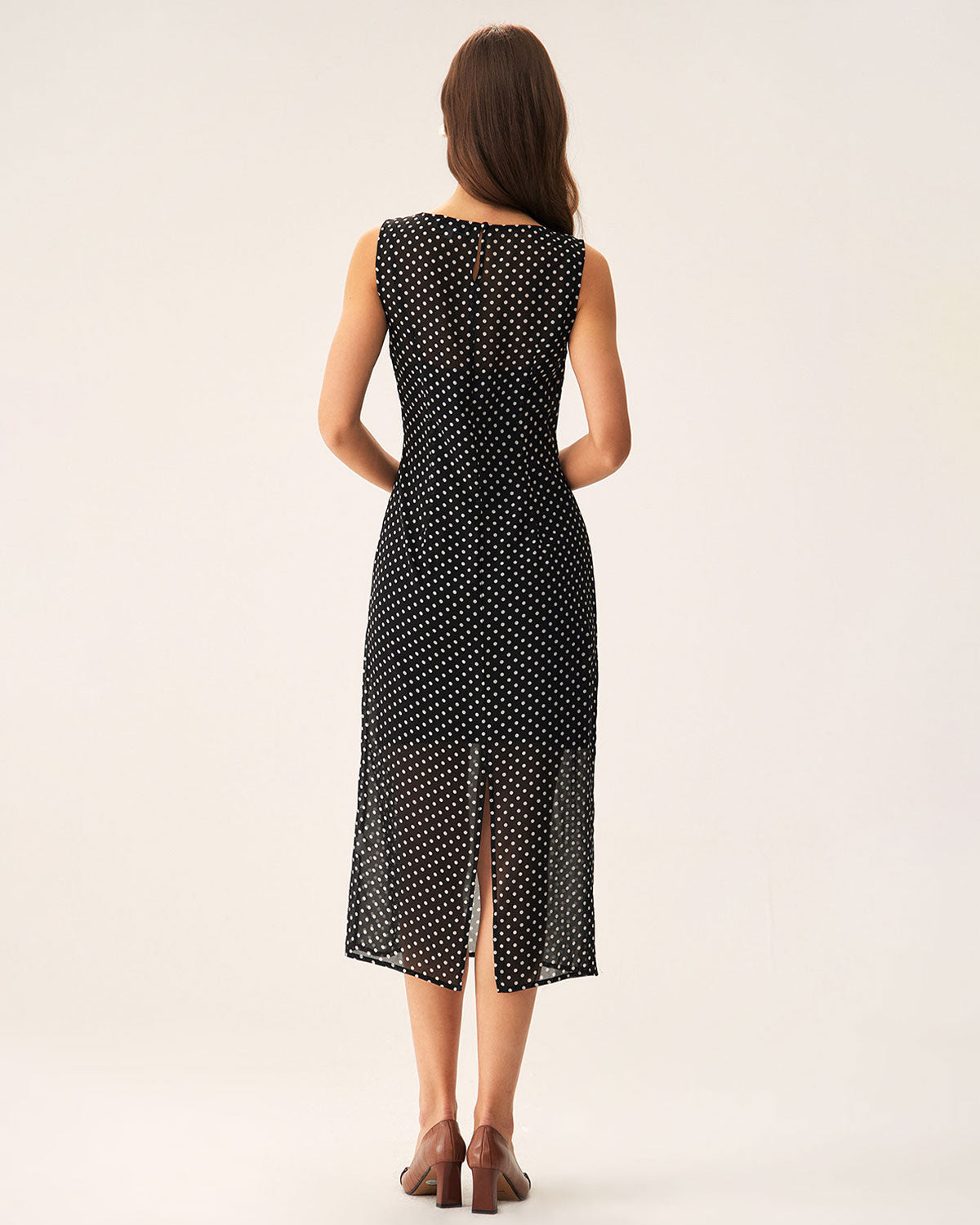 Vestido Midi de Cuello Barco con Lunares Negros