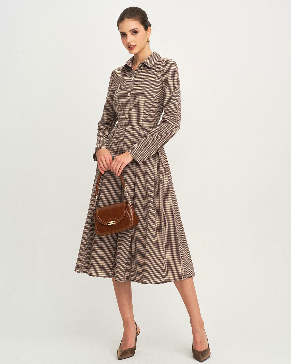 Vestido Midi A-Line de Cuadros Marrón