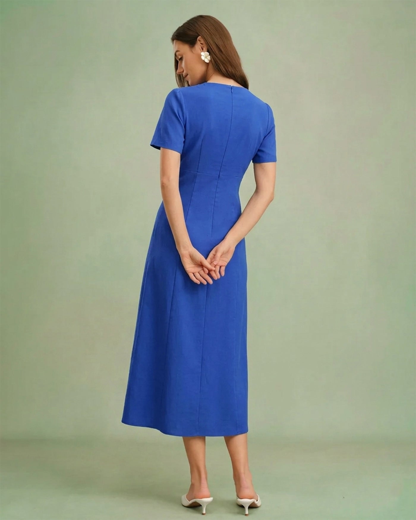 Vestido Midi A-Line de Botones con Escote en V Azul