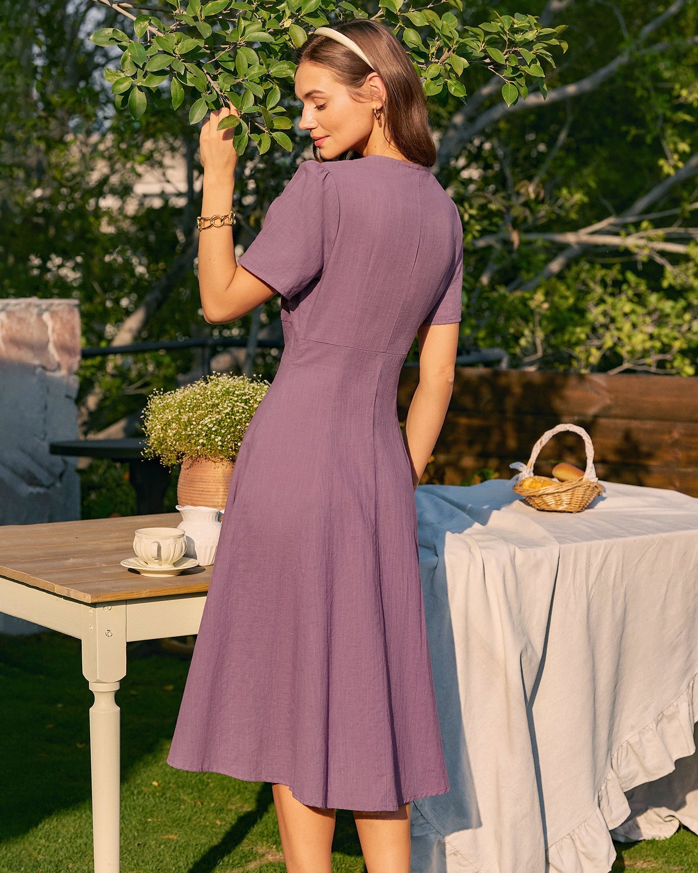 Vestido Midi de Botones con Escote en V Morado