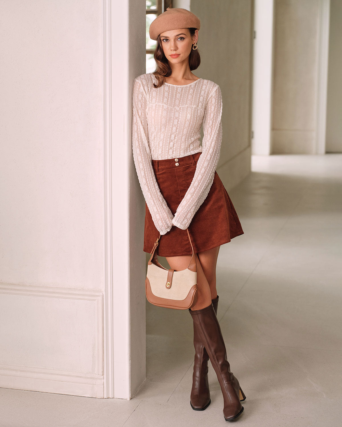 Falda Mini A-Line de Pana Marrón Retro