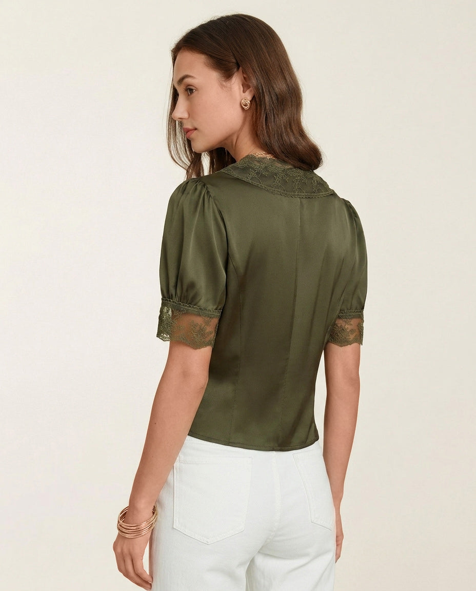 Blusa de Encaje con Manga Abullonada y Cuello en V Verde