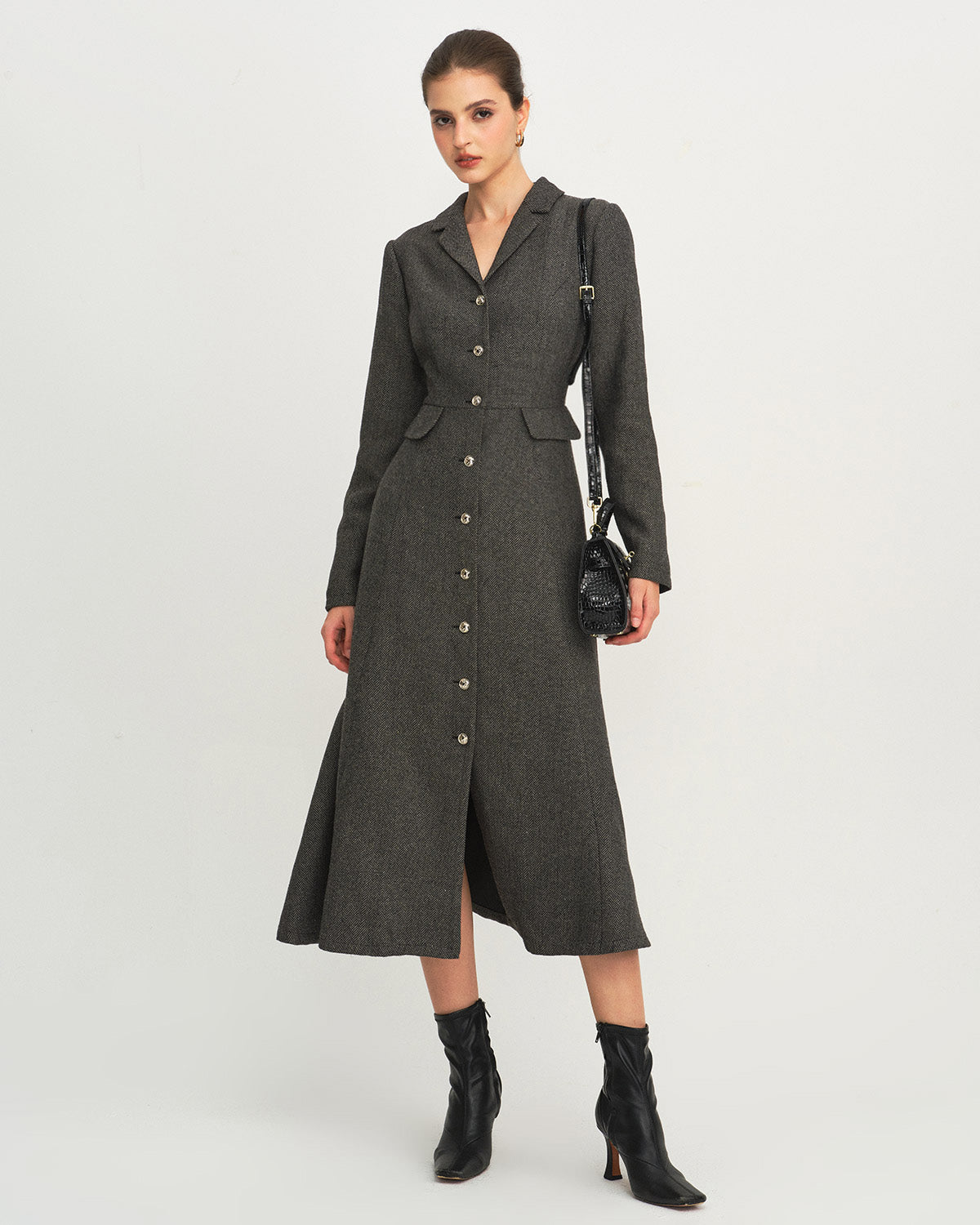 Vestido Maxi A-Line Botones Gris