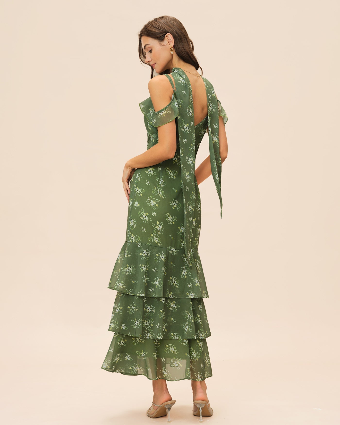 Vestido Maxi Floral con Volantes y Escote en V Verde