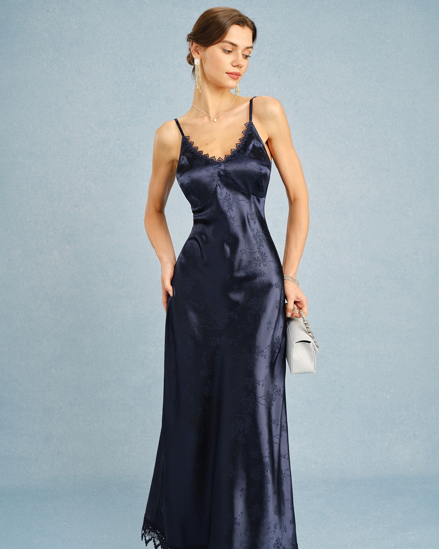 Vestido Maxi de Encaje Jacquard en Color Marino