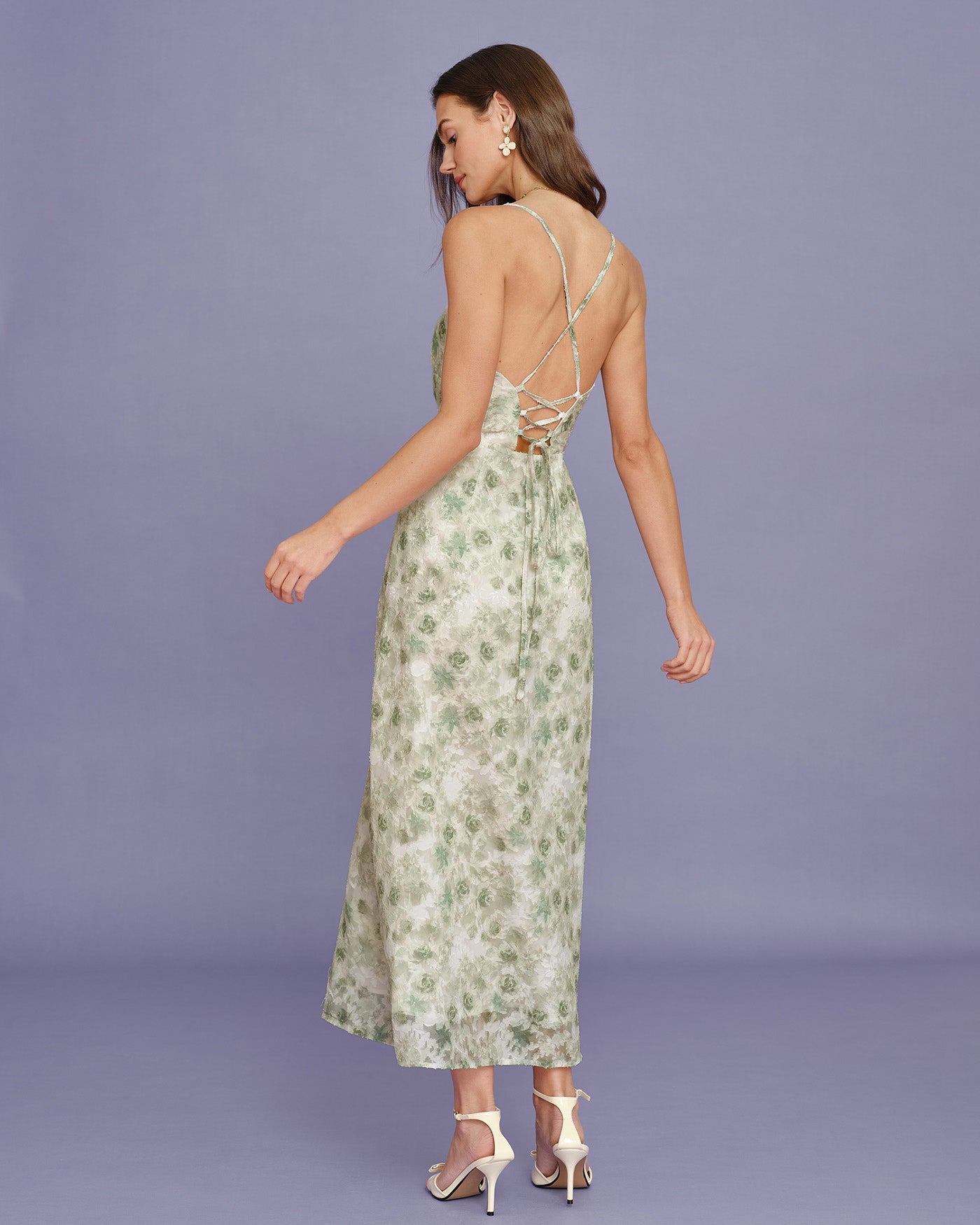 Vestido Maxi Slip Floral Verde Claro con Cruz