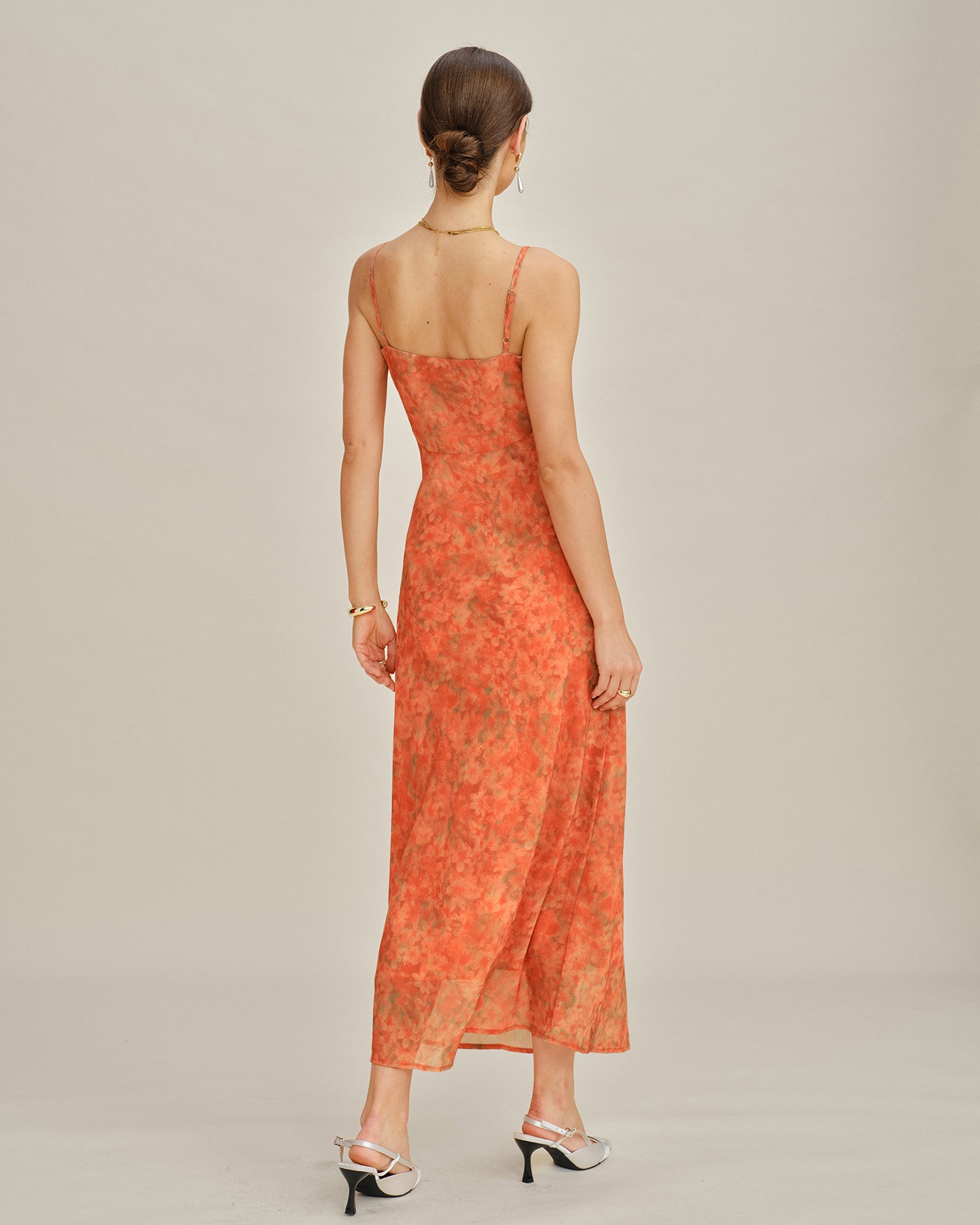 Vestido Maxi Slip A-Line Floral Naranja