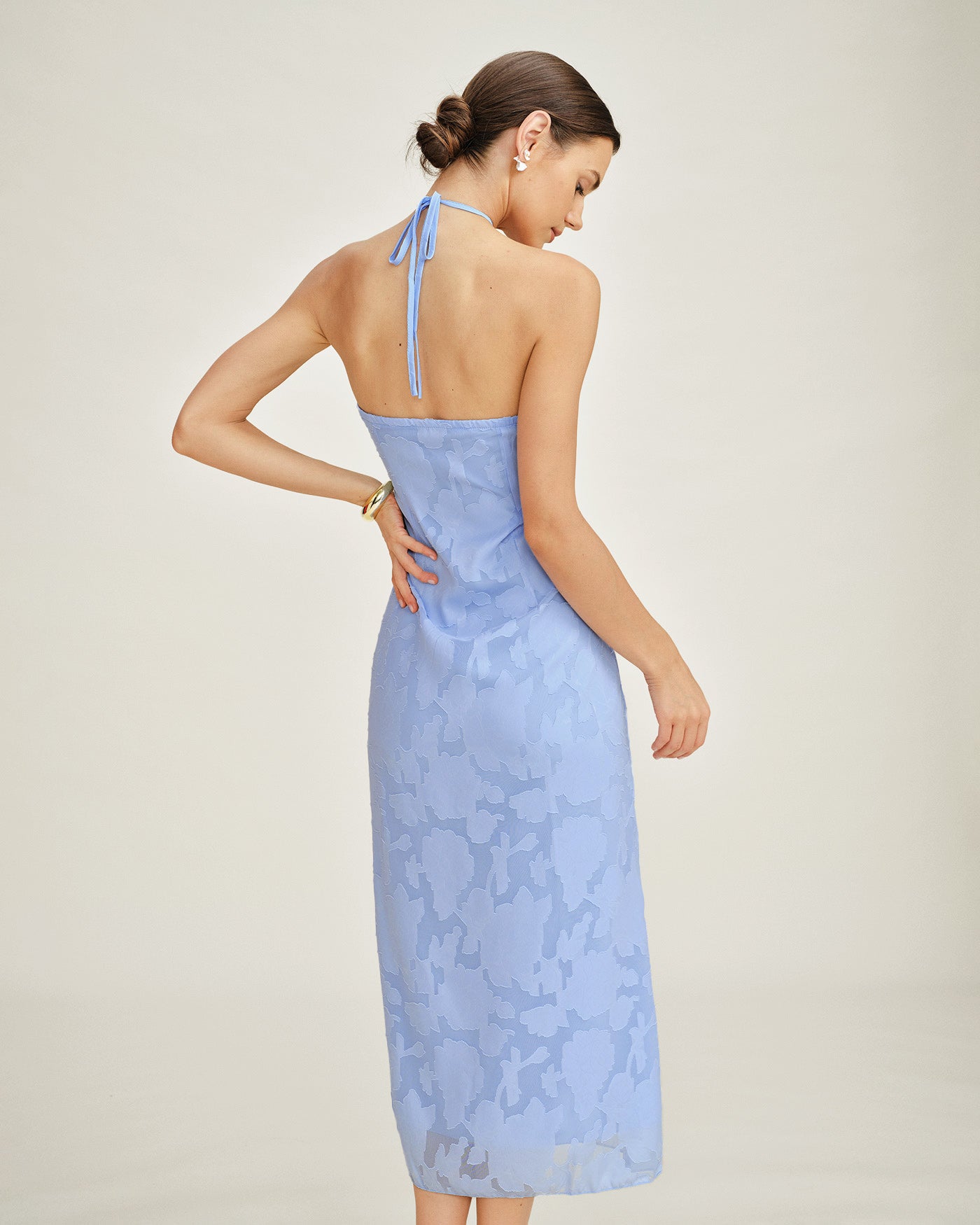 Vestido Maxi Slip Jacquard Azul con Halter