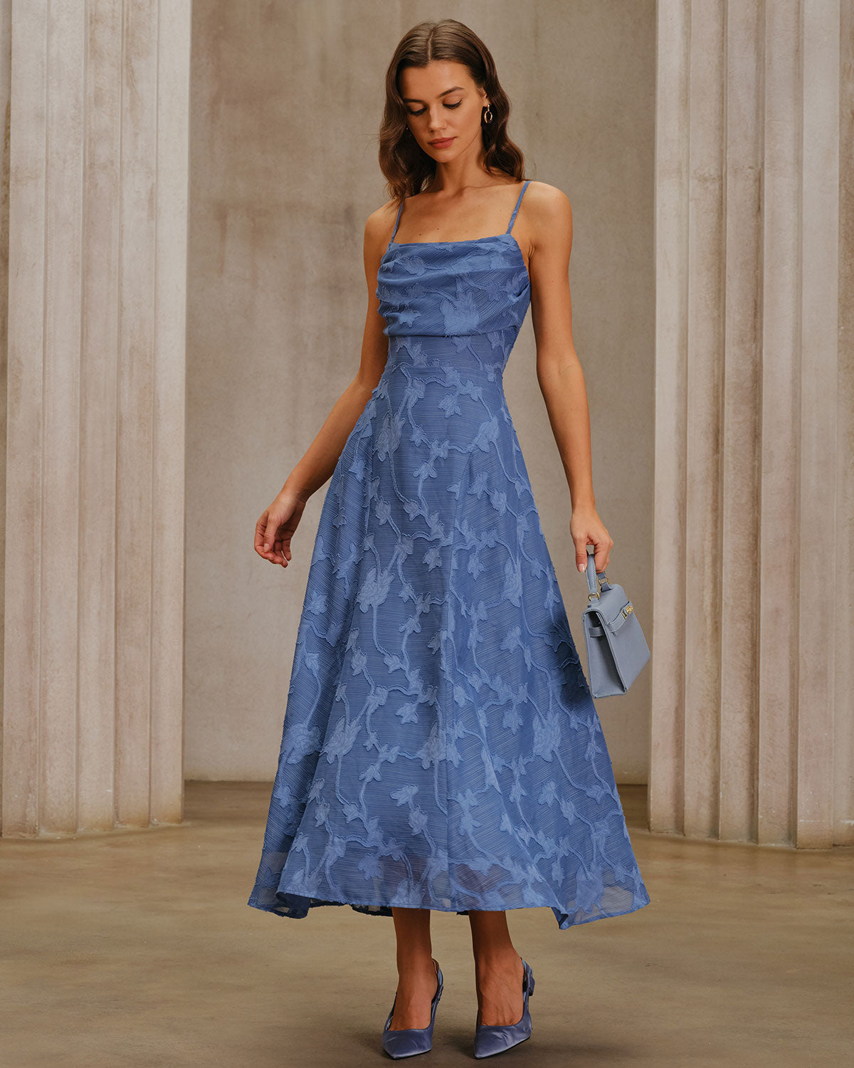 Vestido Maxi Sin Mangas de Jacquard Azul