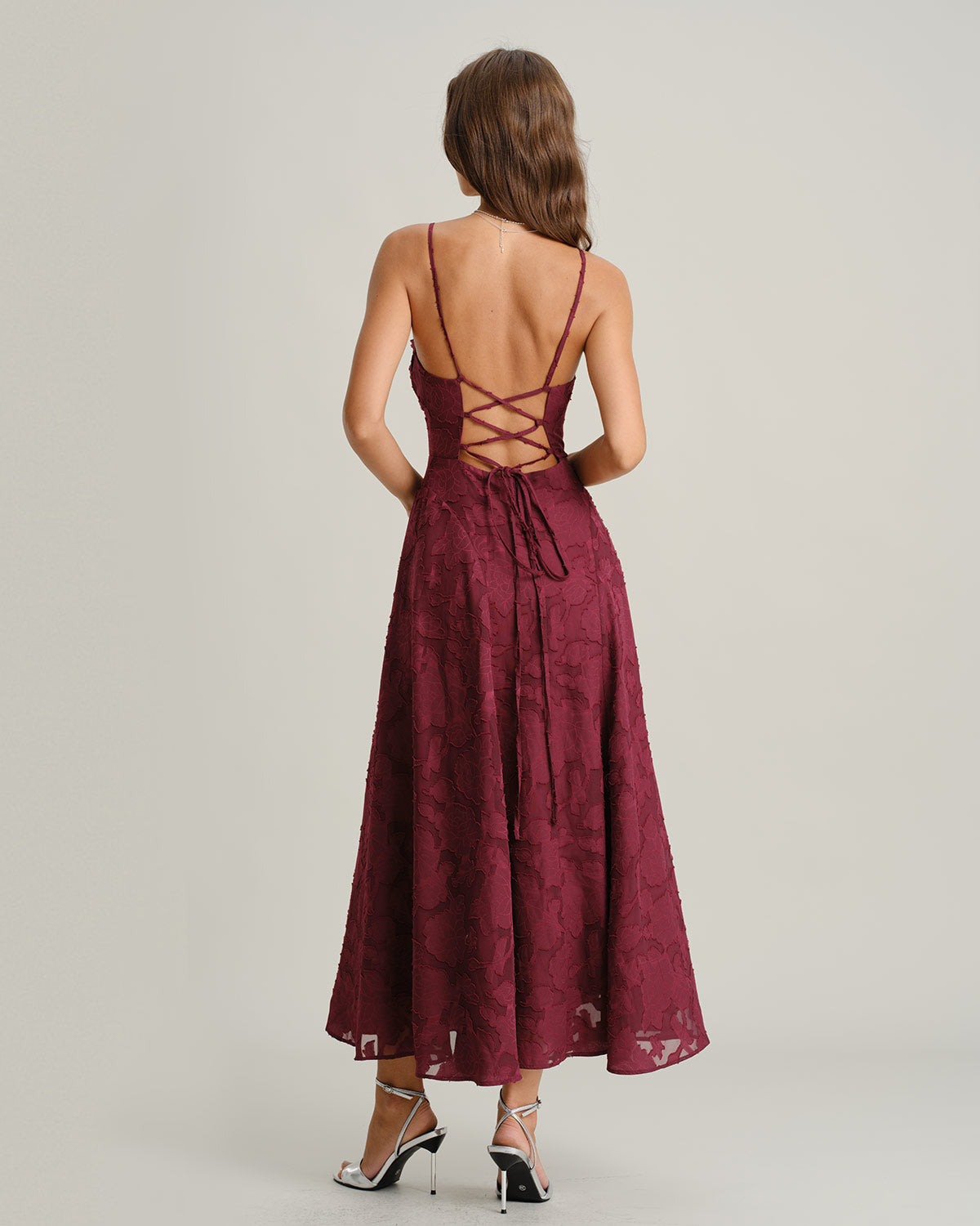 Vestido Maxi Slip Jacquard Rojo Vino