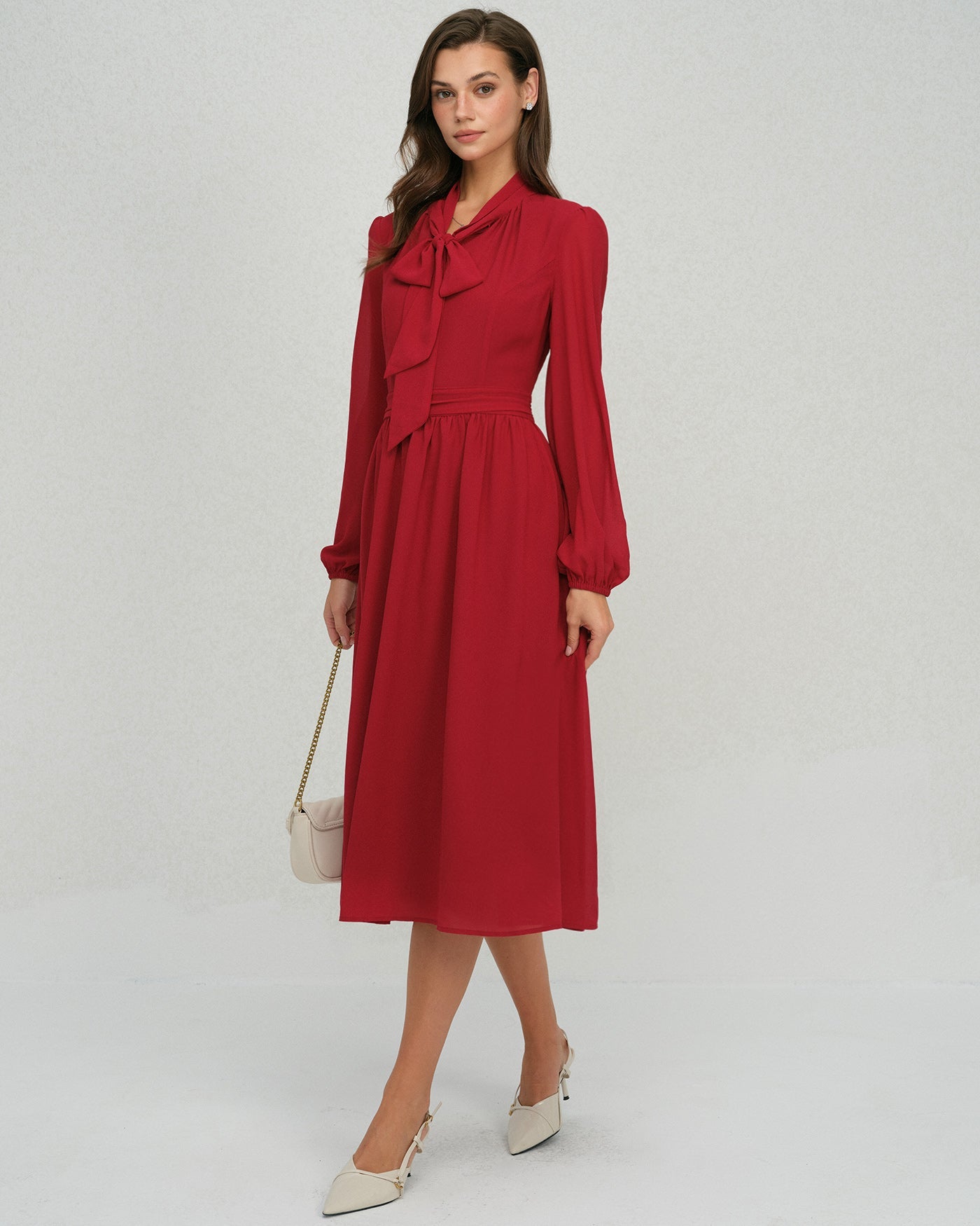 Vestido Midi de Chifón con Manga de Farol Color Rojo Vino