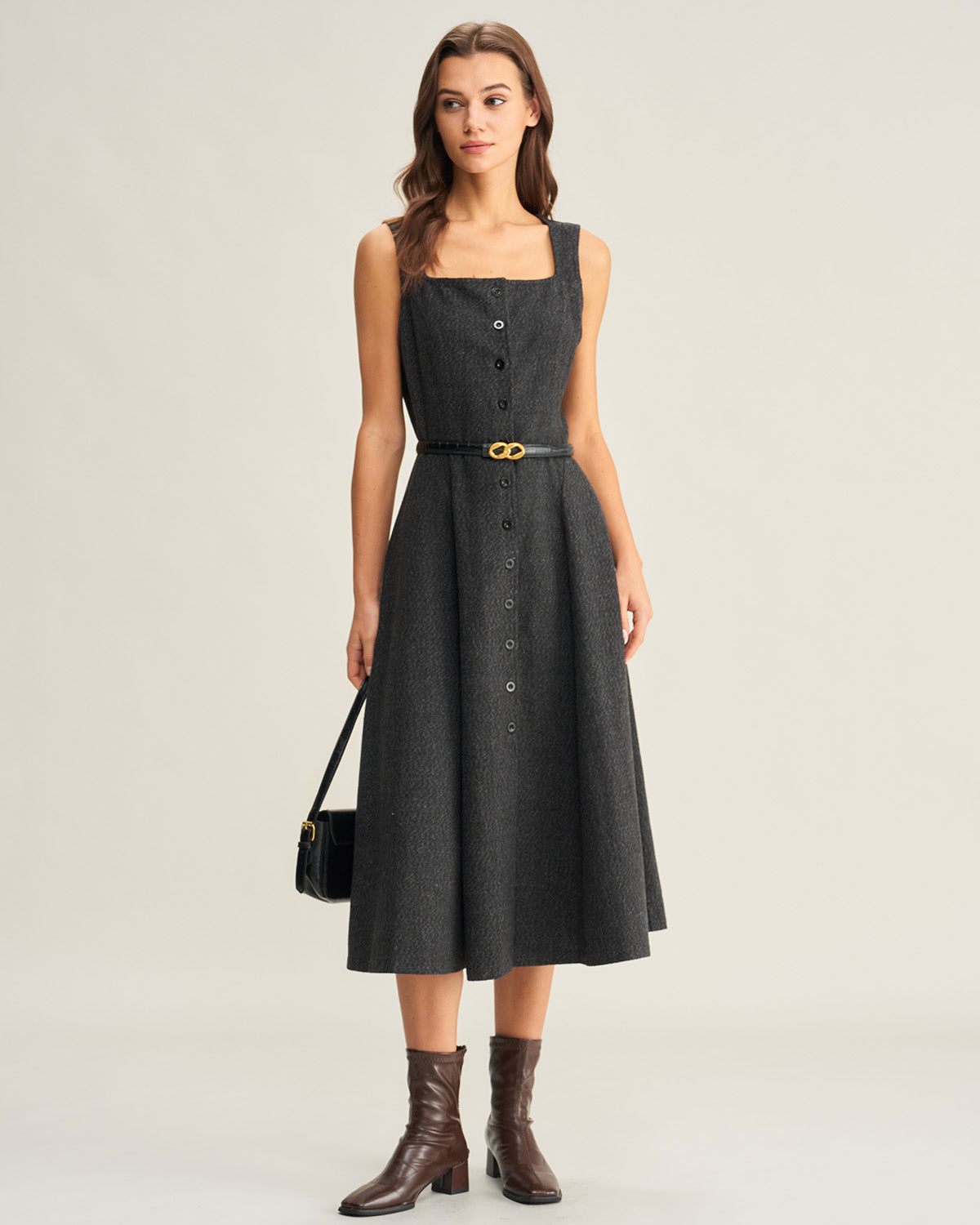 Vestido Midi Sin Mangas de Tweed Gris