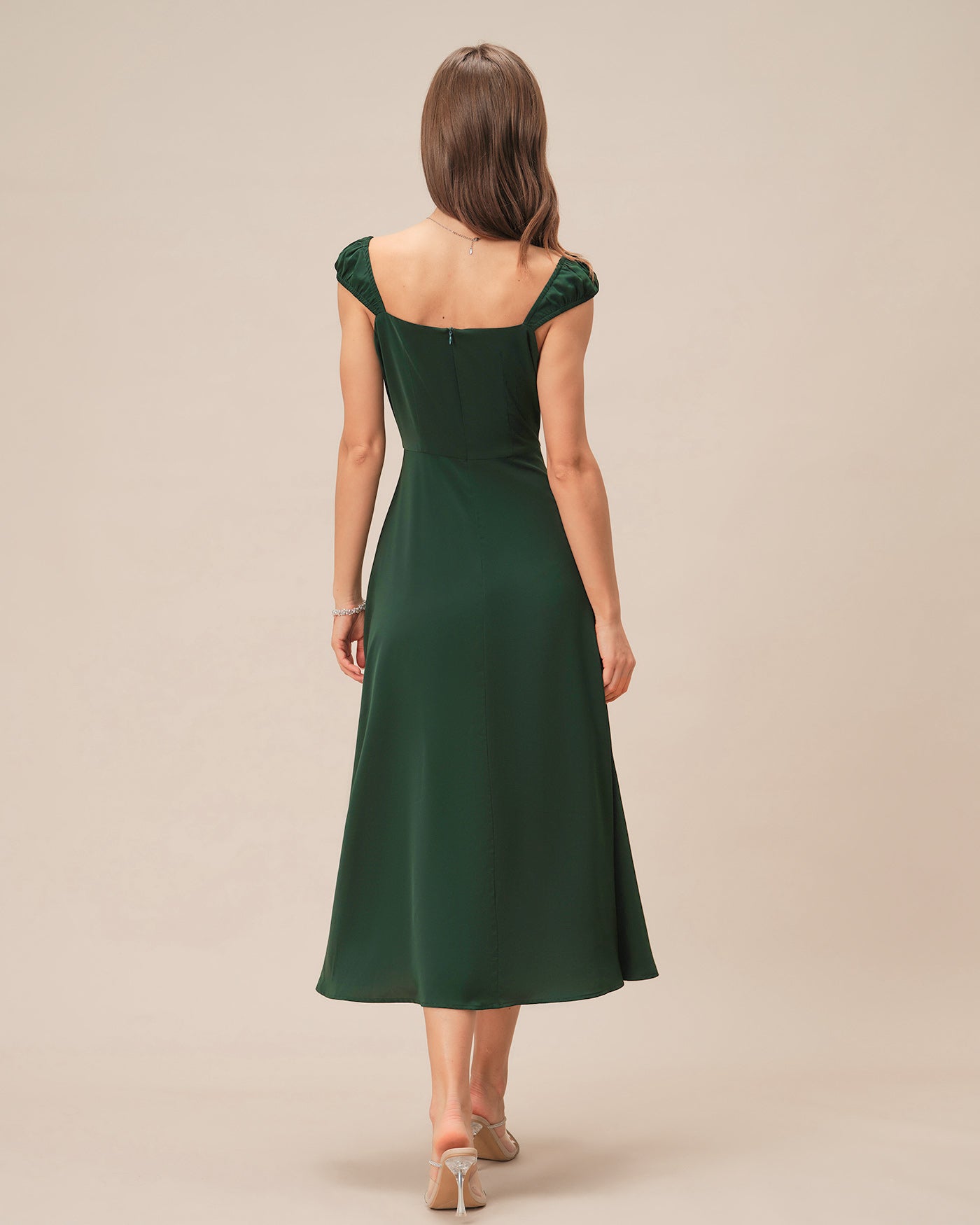 Vestido Midi de Cuello Cuadrado y Manga Corta Verde