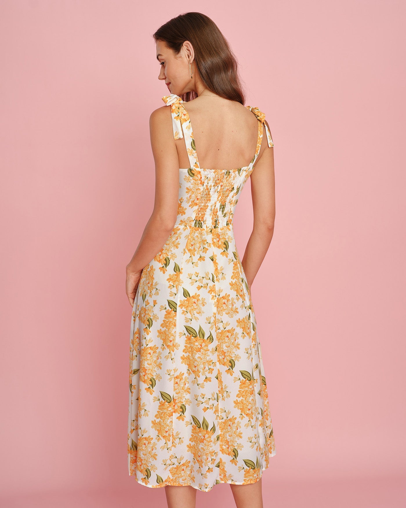 Vestido Midi Deslizante Floral Naranja