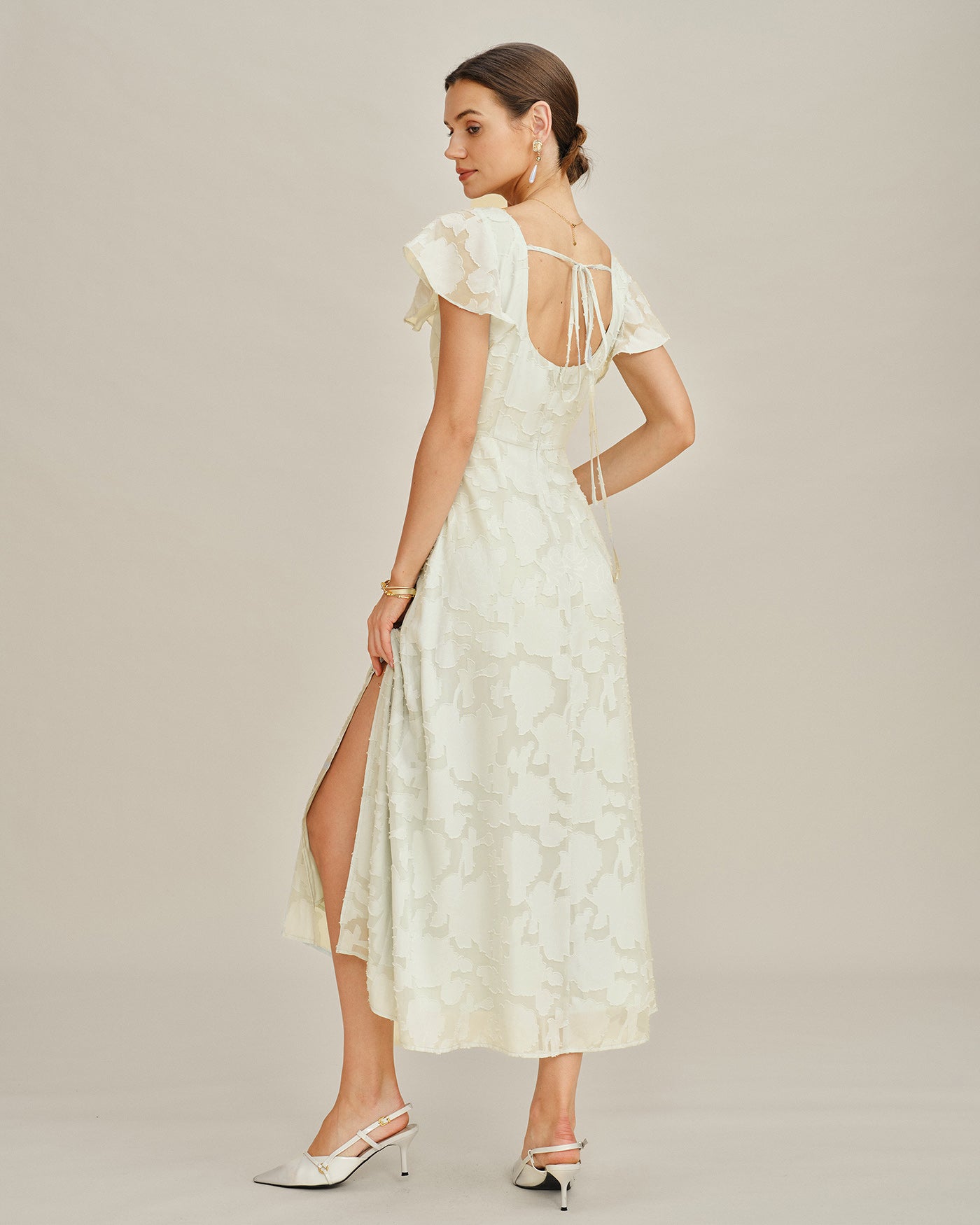 Vestido Midi Jacquard de Cuello Cuadrado Beige