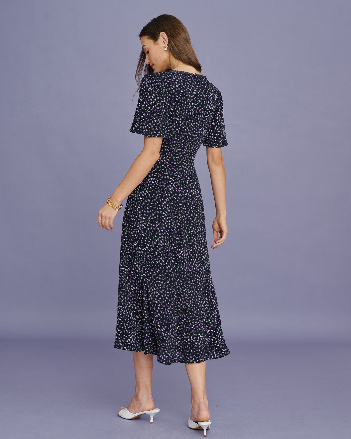 Vestido Midi con Mangas de Mariposa Floral Morado
