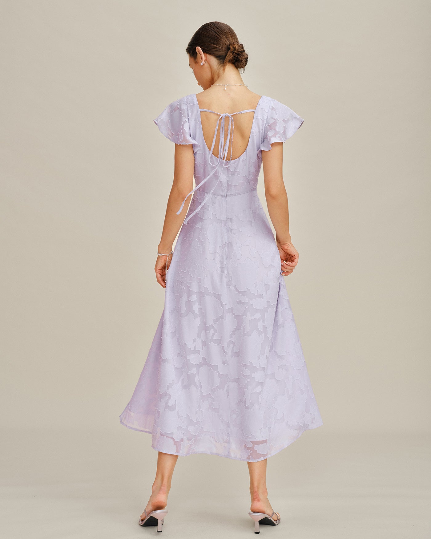 Vestido Midi Jacquard de Cuello Cuadrado Púrpura