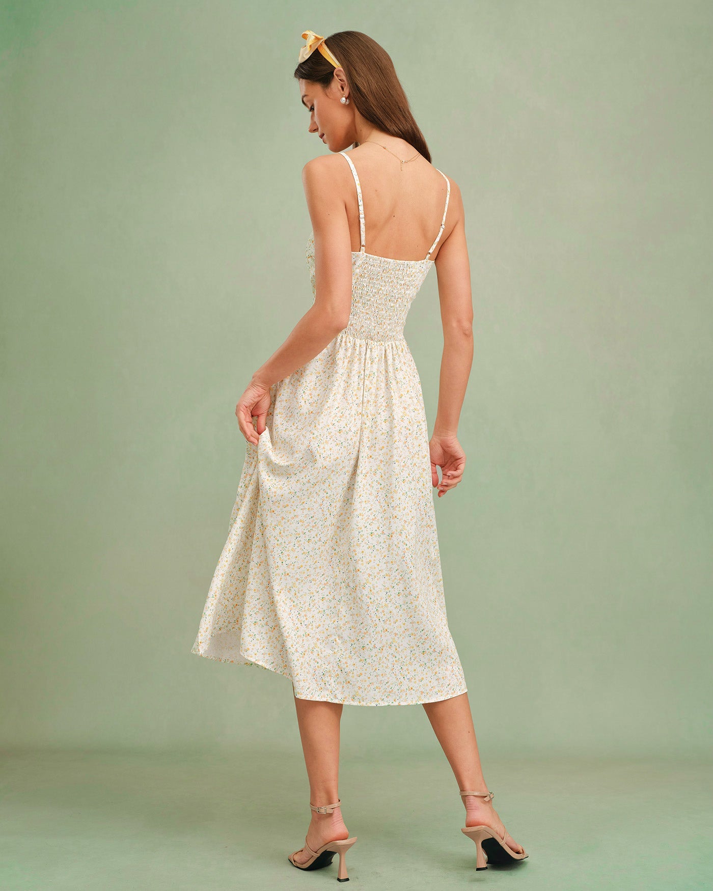 Vestido Midi Floral Sin Mangas con Escote Corazón Amarillo