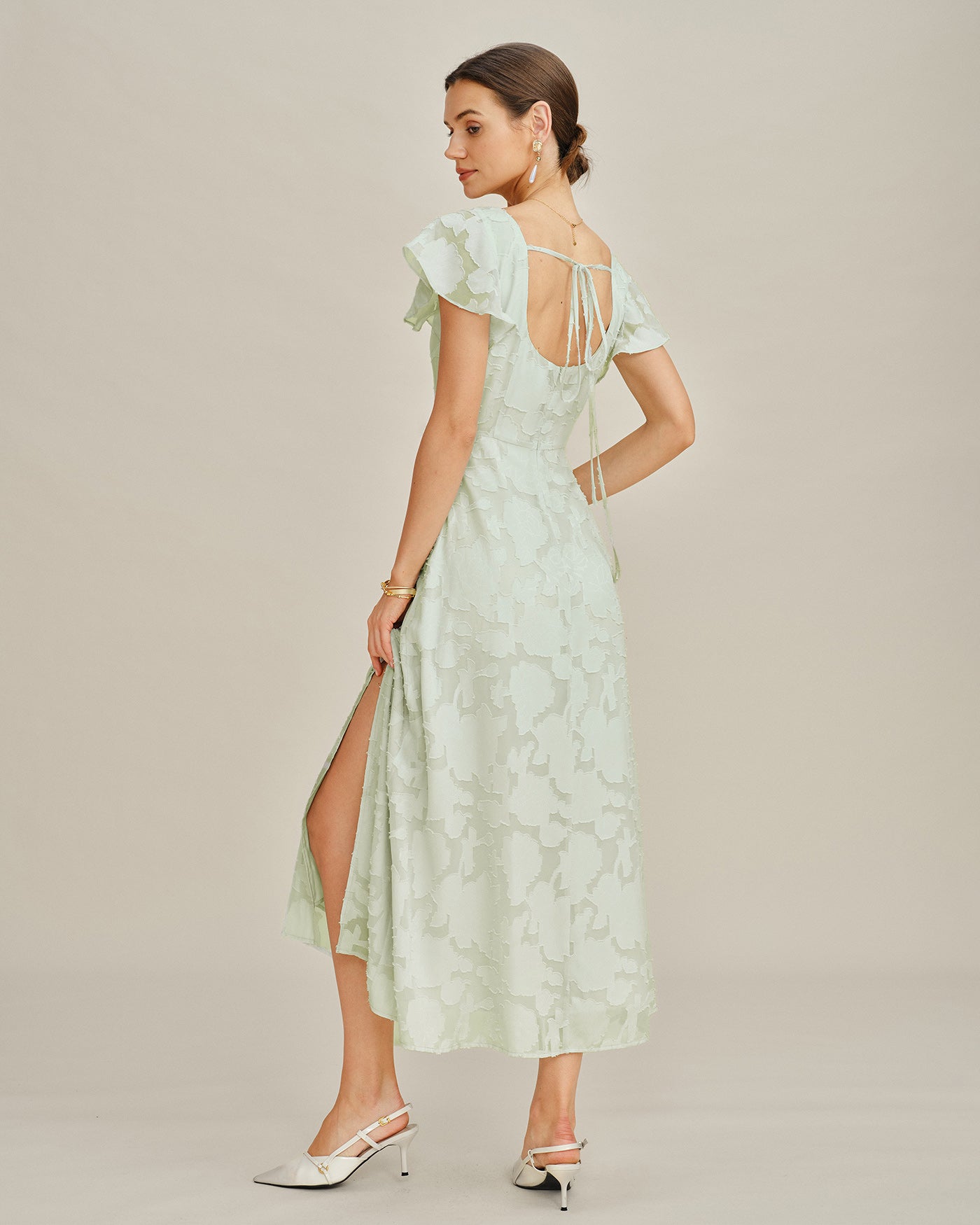Vestido Midi Texturizado Floral de Cuello Cuadrado Verde
