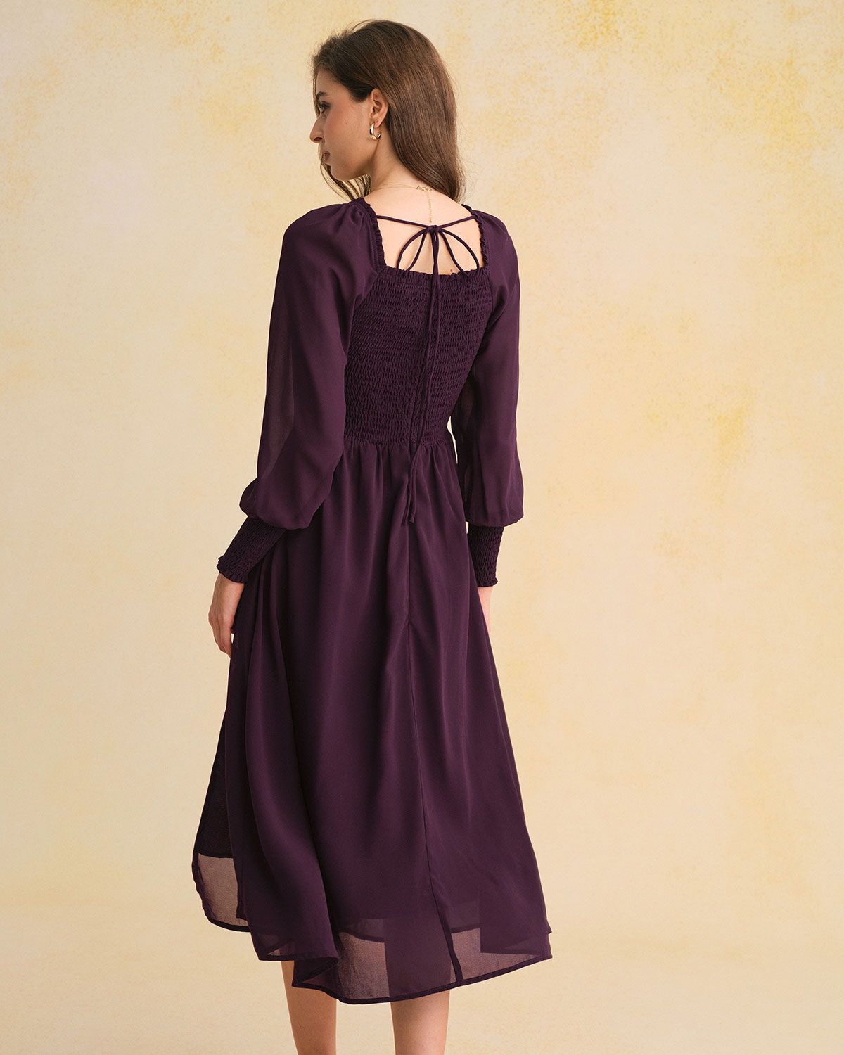 Vestido Midi de Chifón Púrpura con Mangas Lantern Fruncidas