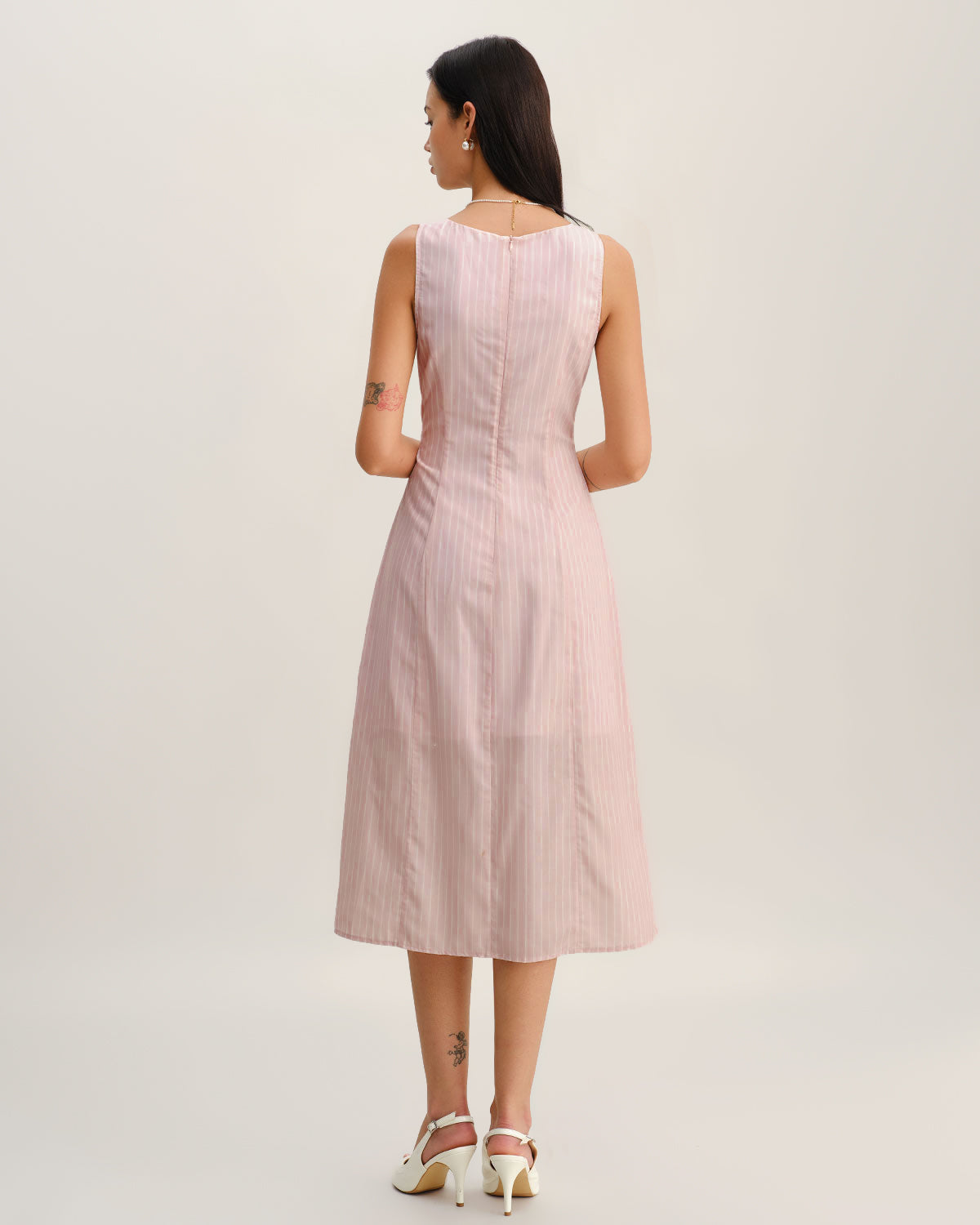 Vestido Midi Sin Mangas de Cuello en V a Rayas Rosadas