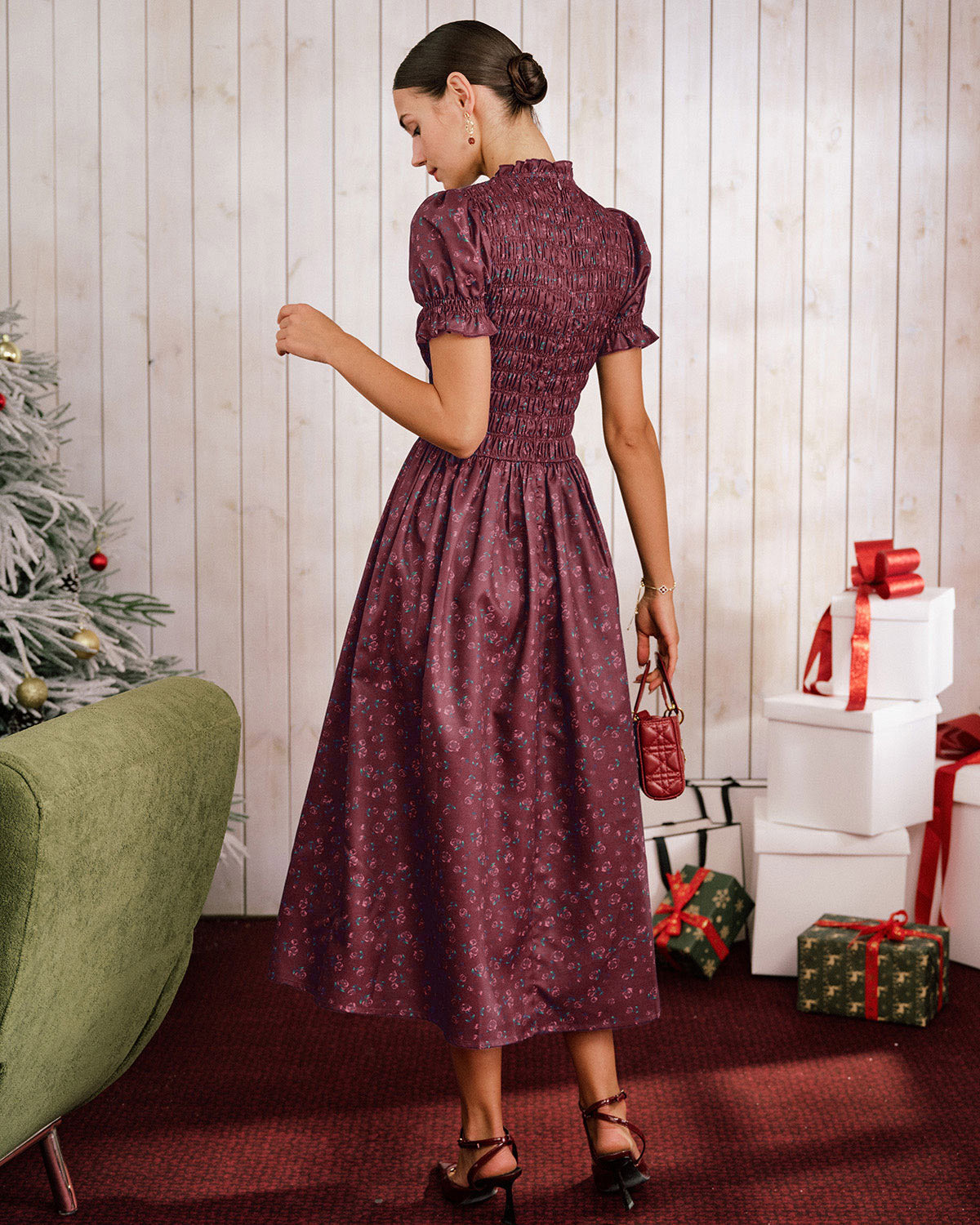 Vestido Midi de Manga Abullonada con Estampado Floral en Rojo Vino