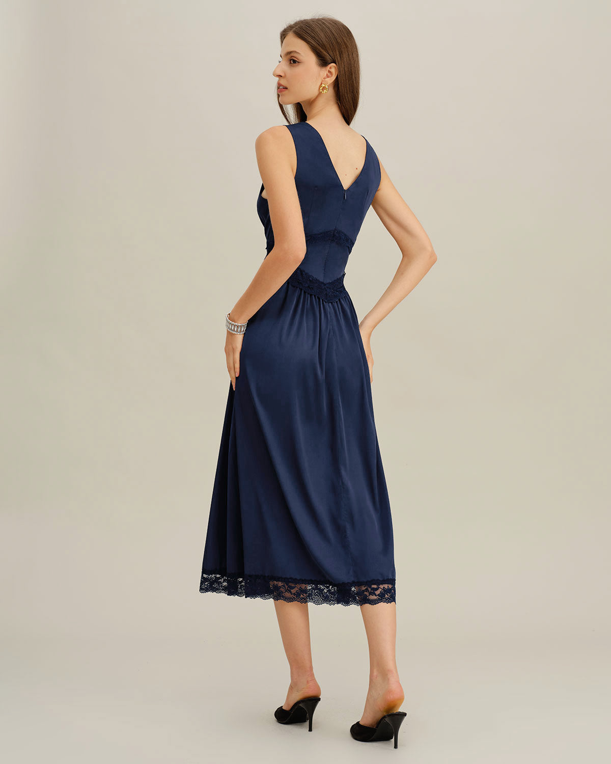 Vestido Midi Sin Mangas A-Line de Cuello en V Azul
