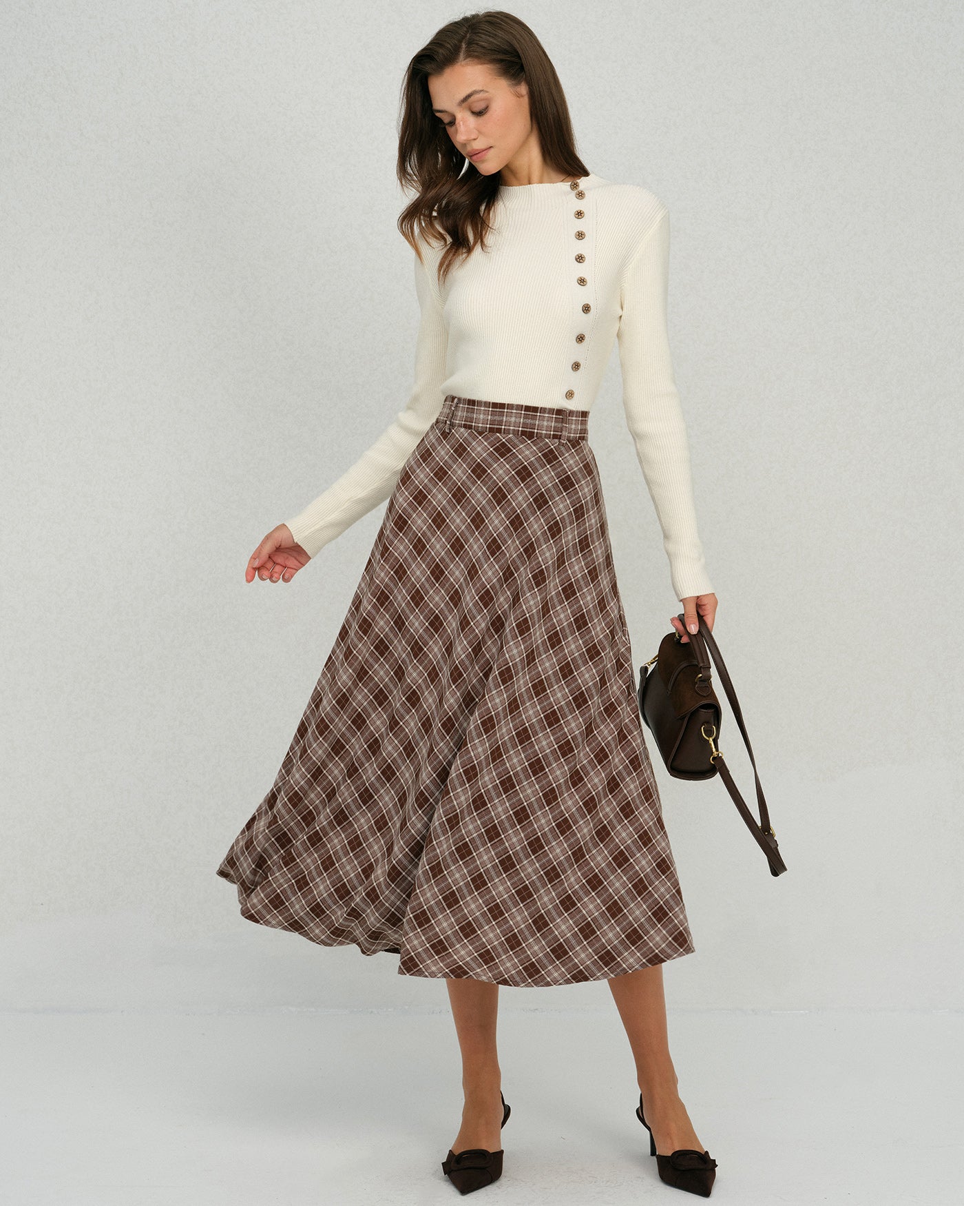 Falda Midi A-Line Floral de Cuadros Marrón