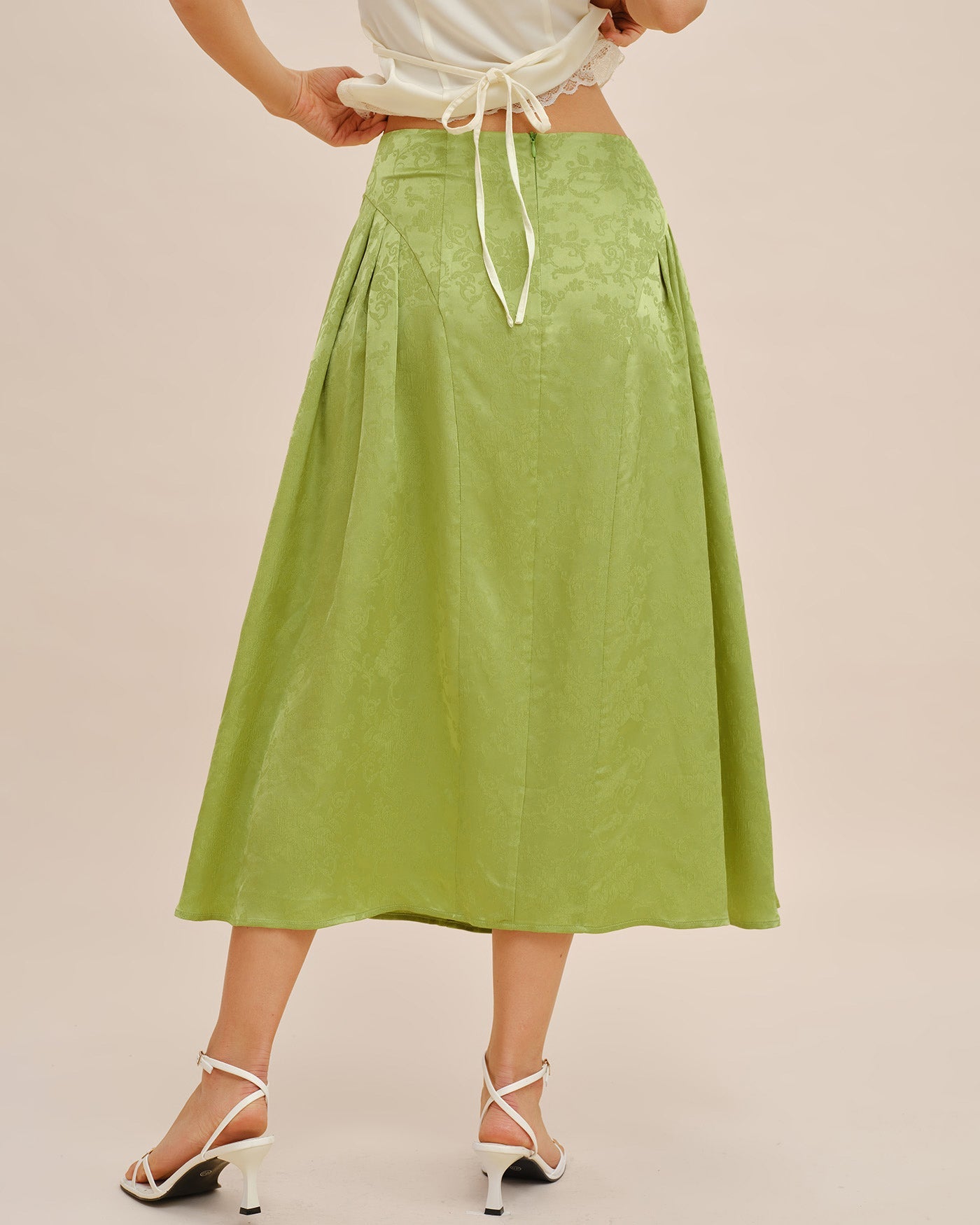 Falda Midi de Satén Jacquard Fruncida Verde