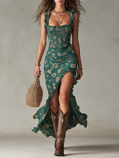 Elara | Vestido Floral Con Fruncidos y Abertura