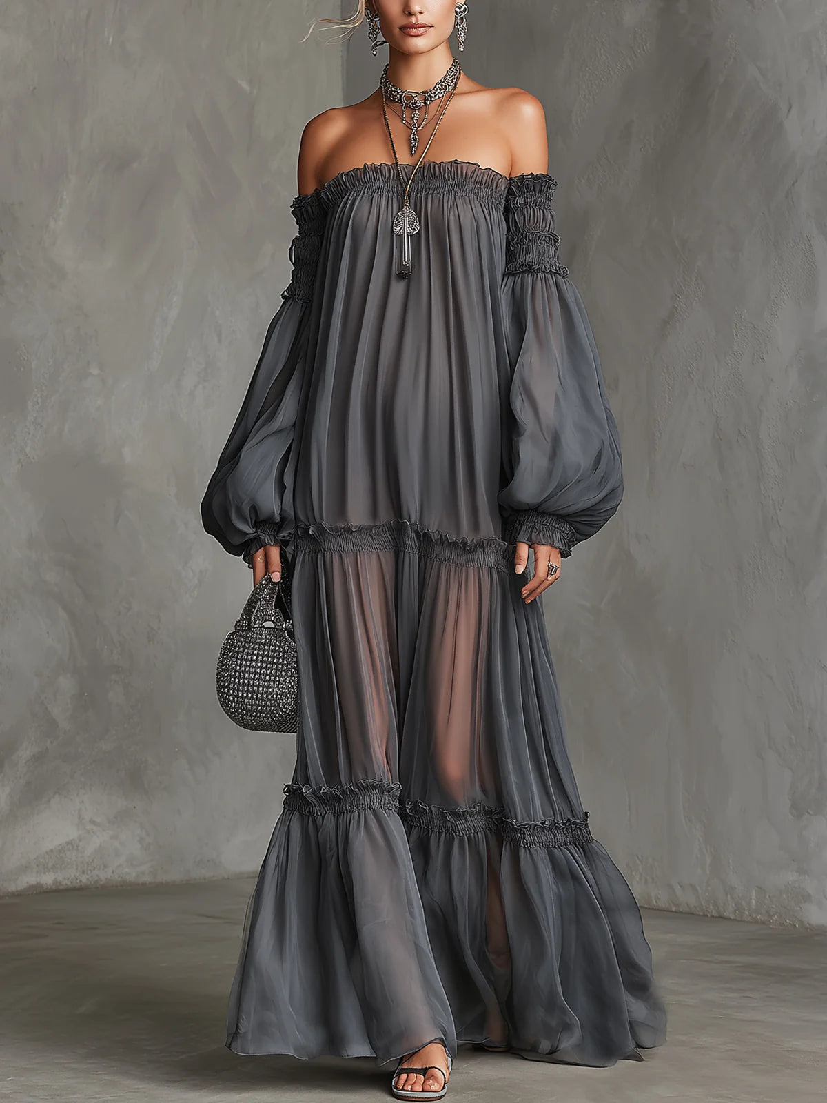 Vera | Vestido Maxi Transparente con Hombros al Descubierto