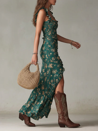 Elara | Vestido Floral Con Fruncidos y Abertura