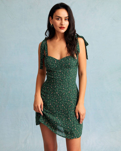 El Vestido Mini Floral de Cuello Corazón Verde