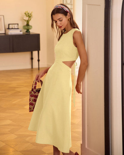 Vestido Midi Amarillo con Corte en el Cuello Redondo