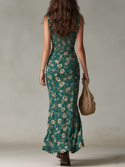 Elara | Vestido Floral Con Fruncidos y Abertura