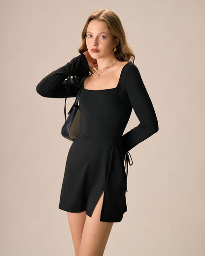 Vestido Mini Negro de Cuello Cuadrado y Manga Larga para Mujeres