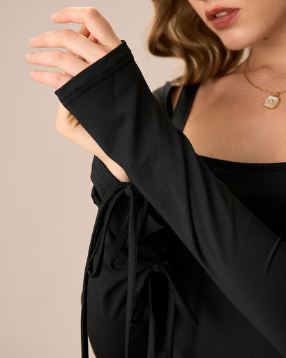 Vestido Mini Negro de Cuello Cuadrado y Manga Larga para Mujeres