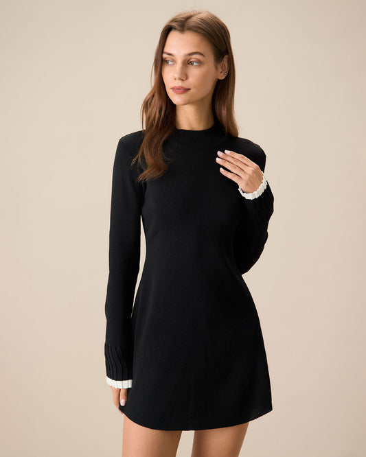 Vestido Mini de Suéter de Manga Larga en Negro Contrastante