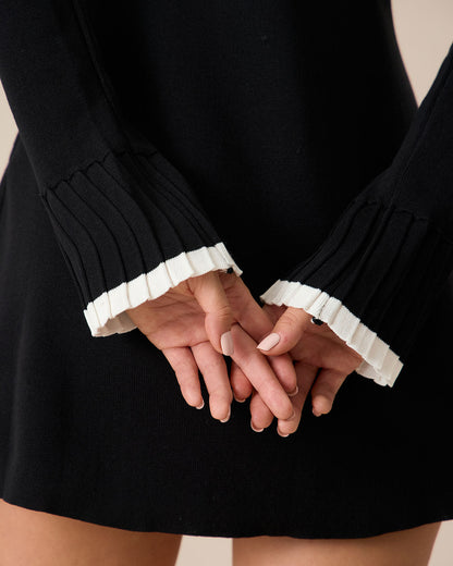 Vestido Mini de Suéter de Manga Larga en Negro Contrastante