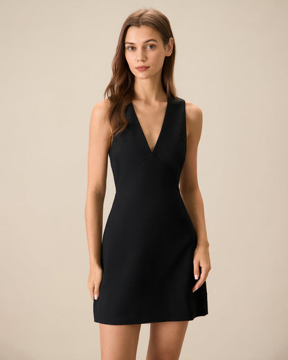 Vestido Mini Sin Mangas Negro con Escote en V para Mujeres