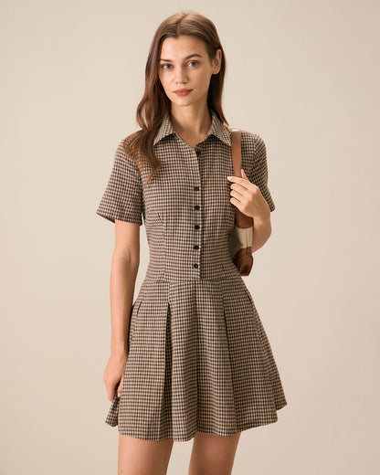 Vestido Mini Plisado de Cuadros Marrón