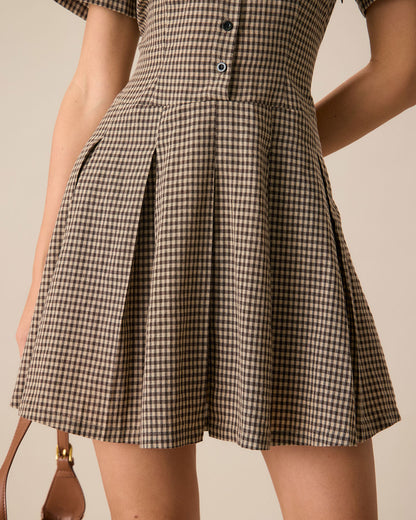 Vestido Mini Plisado de Cuadros Marrón